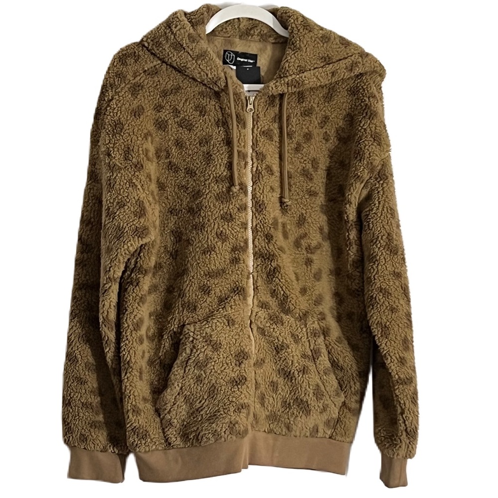 Original Use Sz S Unisex Cheetah‎ Zip-Up Hooded Fleece Teddy Jacket New